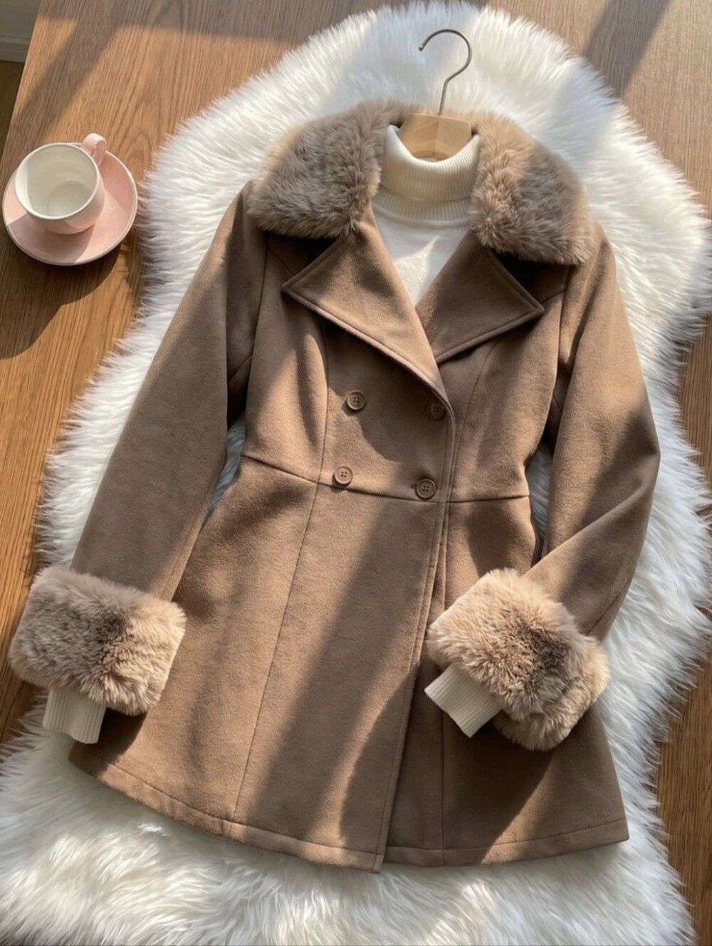 Casual Fashion Vintage Brown Patchwork Faux Fur Overcoat, Slim Fit - Picture 1 of 6